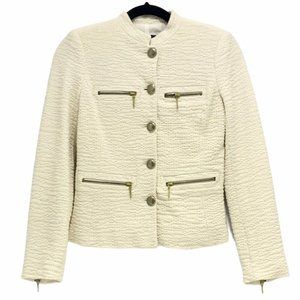 Zara Boucle Button Up Zip Pocket Collarless Jacket Blazer Cream Bronze XS EUC